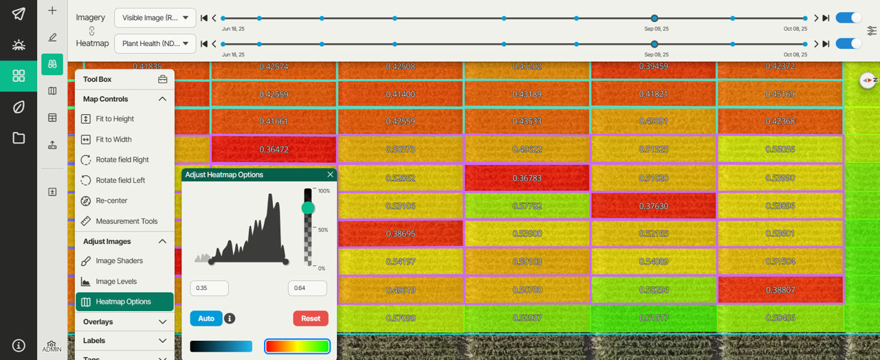 A heat map displaying plant health data with color zones from red to green and numerical values. Overlay options and sliders are visible for adjusting the heat map display.