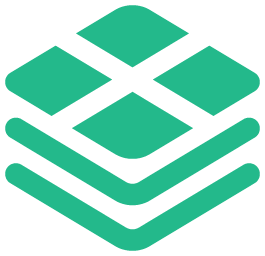 A stylized layered icon resembling a stack of papers or cards in teal color.