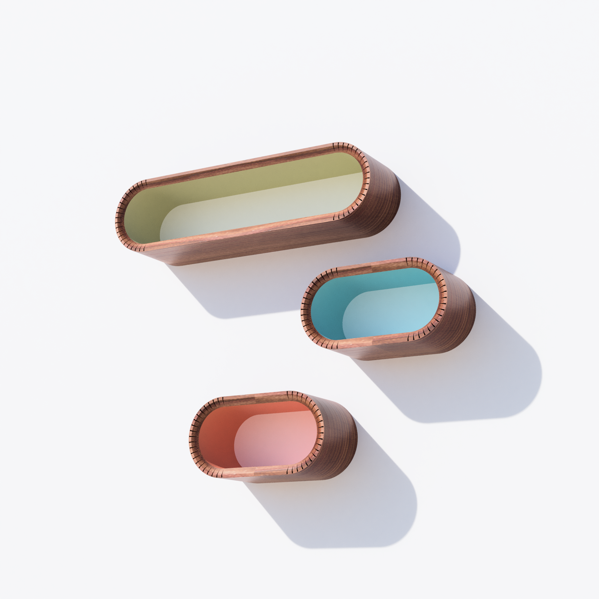 custom walnut stained floating shelves with custom interior colors