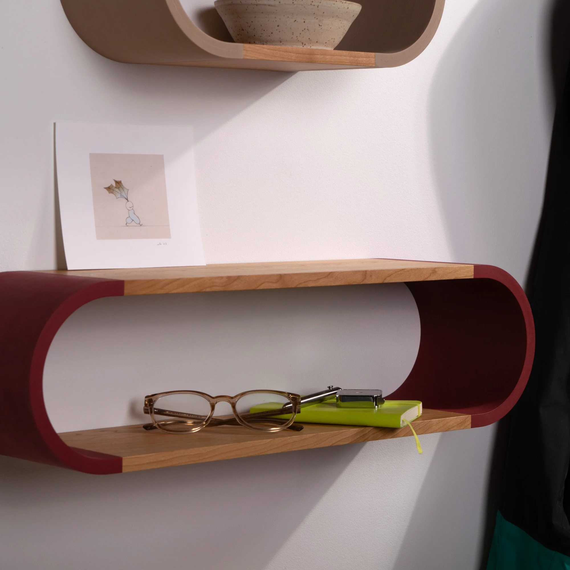 3d printed floating shelf with cherry accents