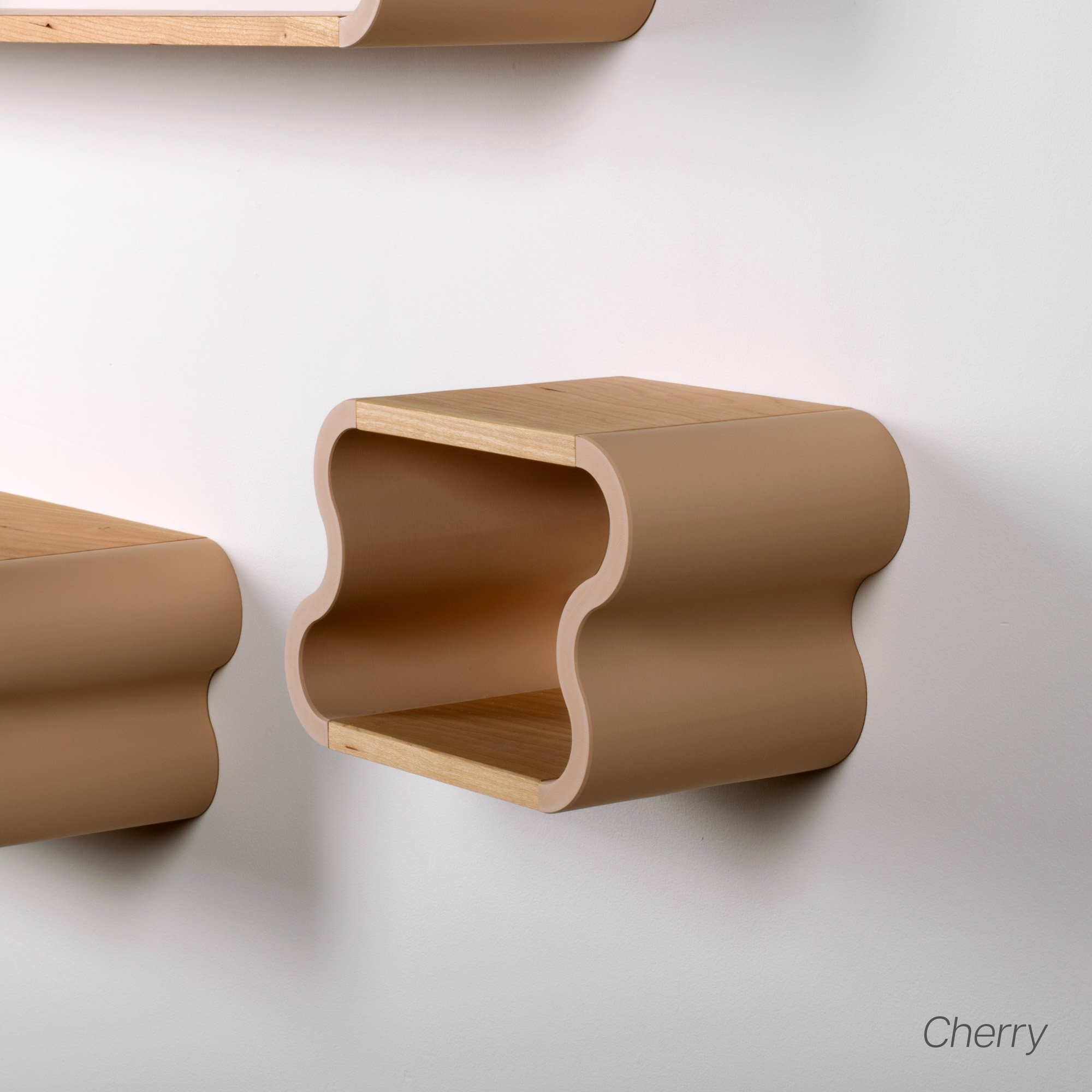 Standalone photo of 9.5" cherry and pastel pink Squiggle Floating Shelves | Pastel Accented Cherry and Ash Hardwood Shelving | Modular Display & Storage | Floating Shelving | Wall Shelf