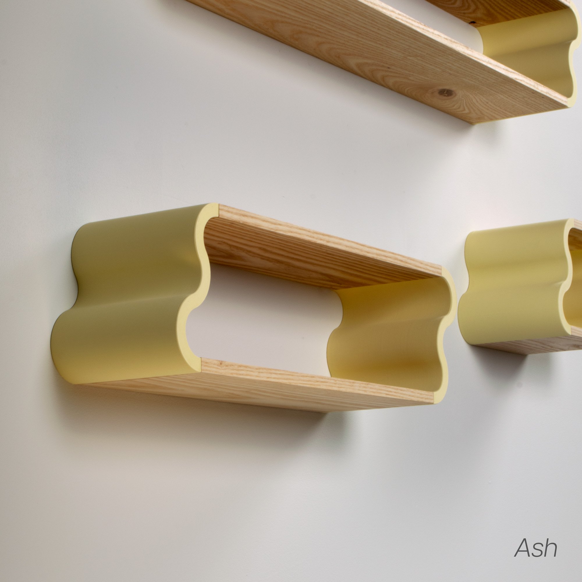 Detail photo of 19.5" ash and pastel yellow Squiggle Floating Shelf | Pastel Accented Cherry and Ash Hardwood Shelving | Modular Display & Storage | Floating Shelving | Wall Shelf