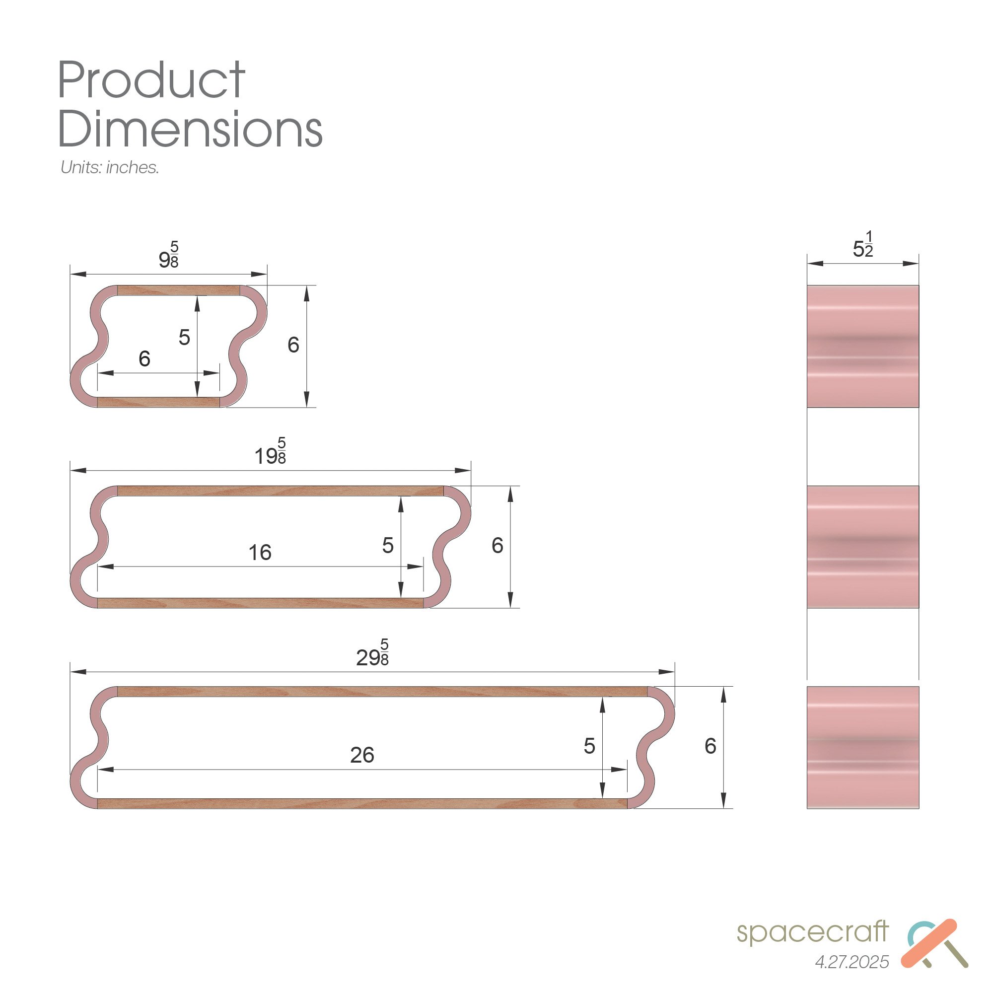 Dimensions illustration of Squiggle Floating Shelf sizes | Pastel Accented Cherry and Ash Hardwood Shelving | Modular Display & Storage | Floating Shelving | Wall Shelf
