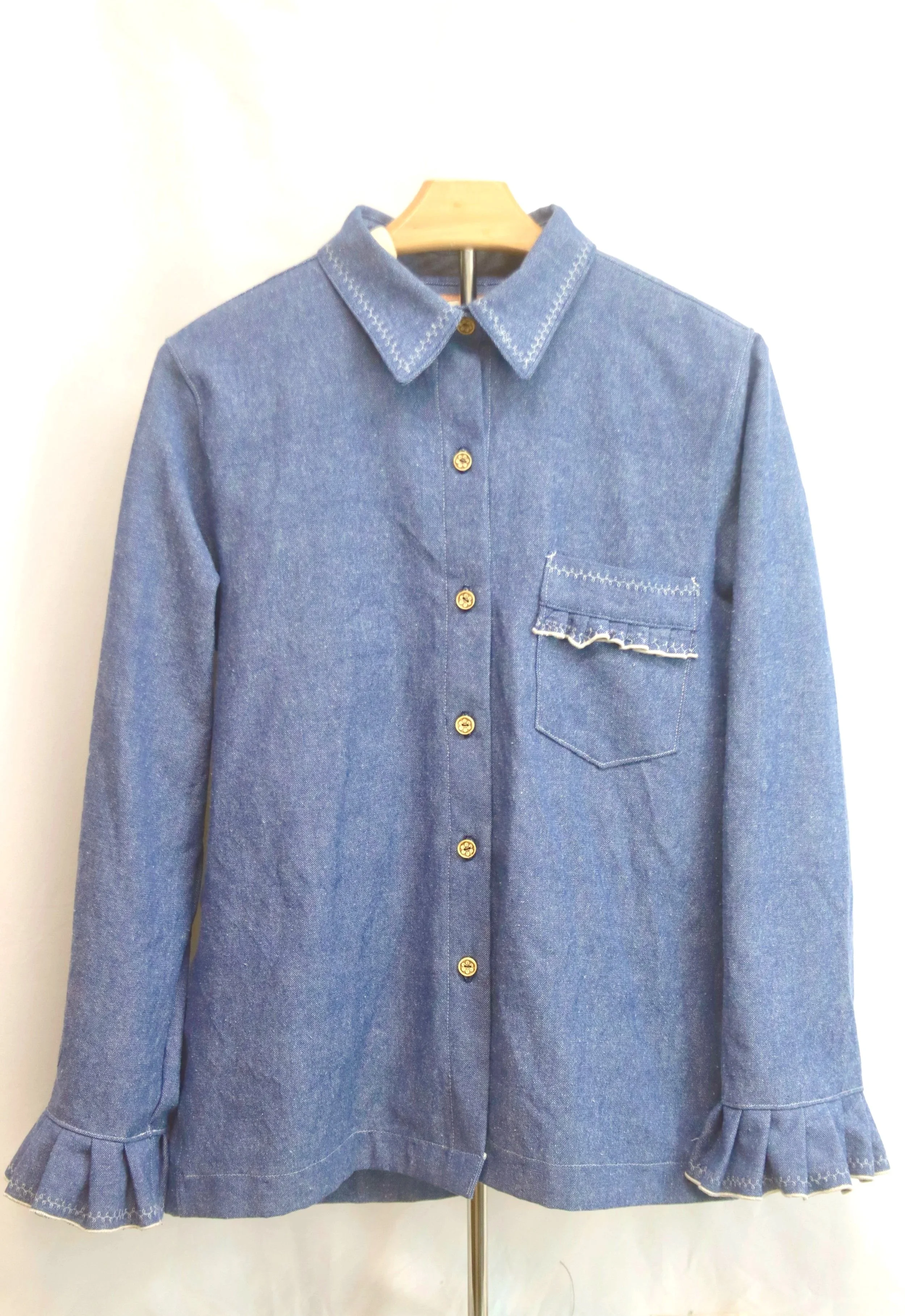 Long Sleeve Ruffle Blouse- Denim