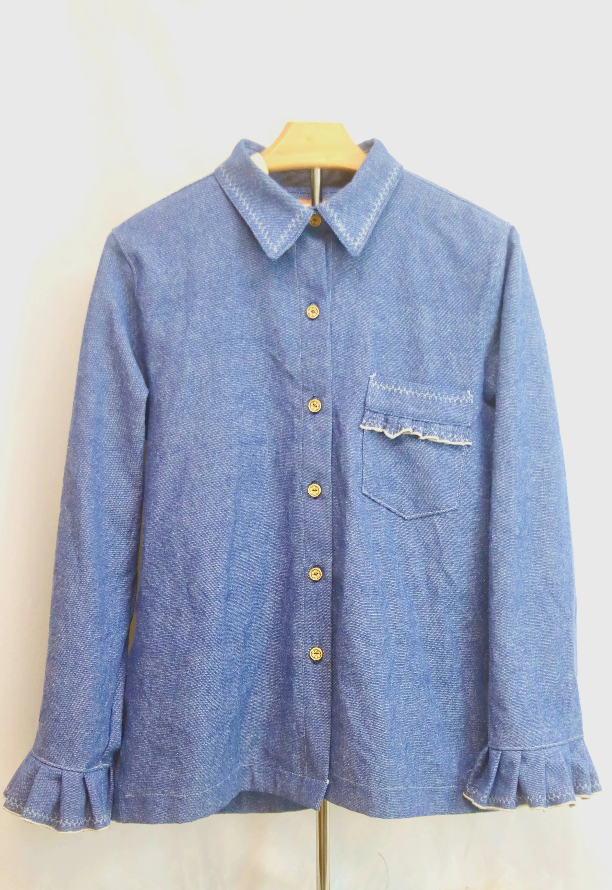 Long Sleeve Ruffle Blouse- Denim