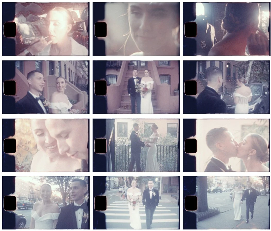 Collage of nine wedding photos featuring a bride and groom in various outdoor and urban settings, including close-up shots, walking together, and sharing kisses.