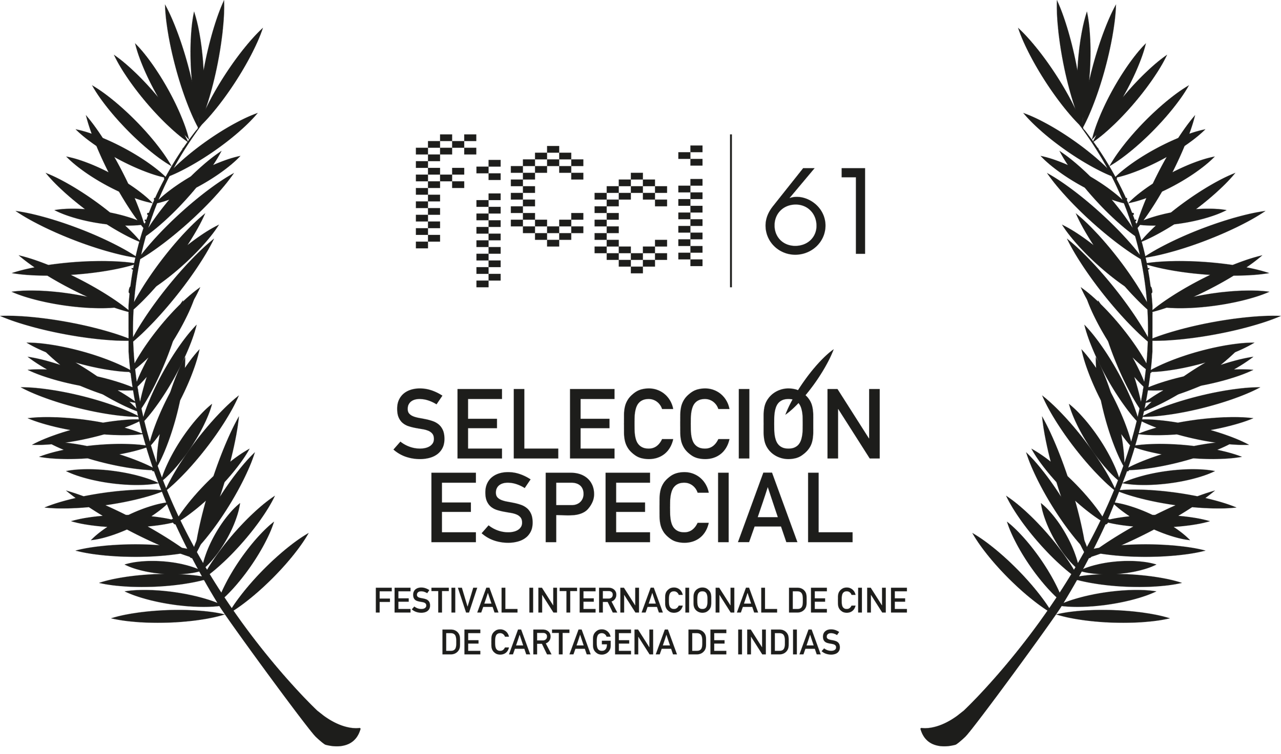 Black background with grey text and laurel leaves, featuring the Festival Internacional de Cine de Cartagena de Indias logo.