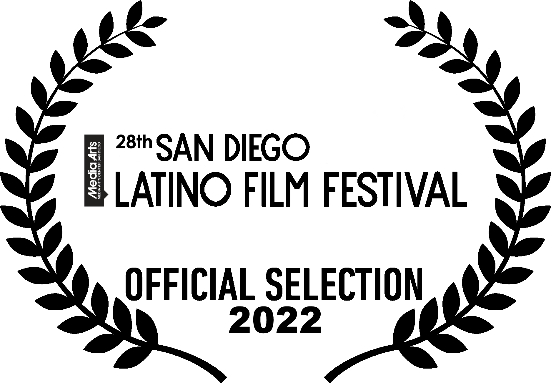 A promotional graphic for Media Arts, part of the Media Arts Center in San Diego, showing a black background with a vertical black and white logo section on the left and various dotted and star-like shapes in red, green, and white dispersed across th