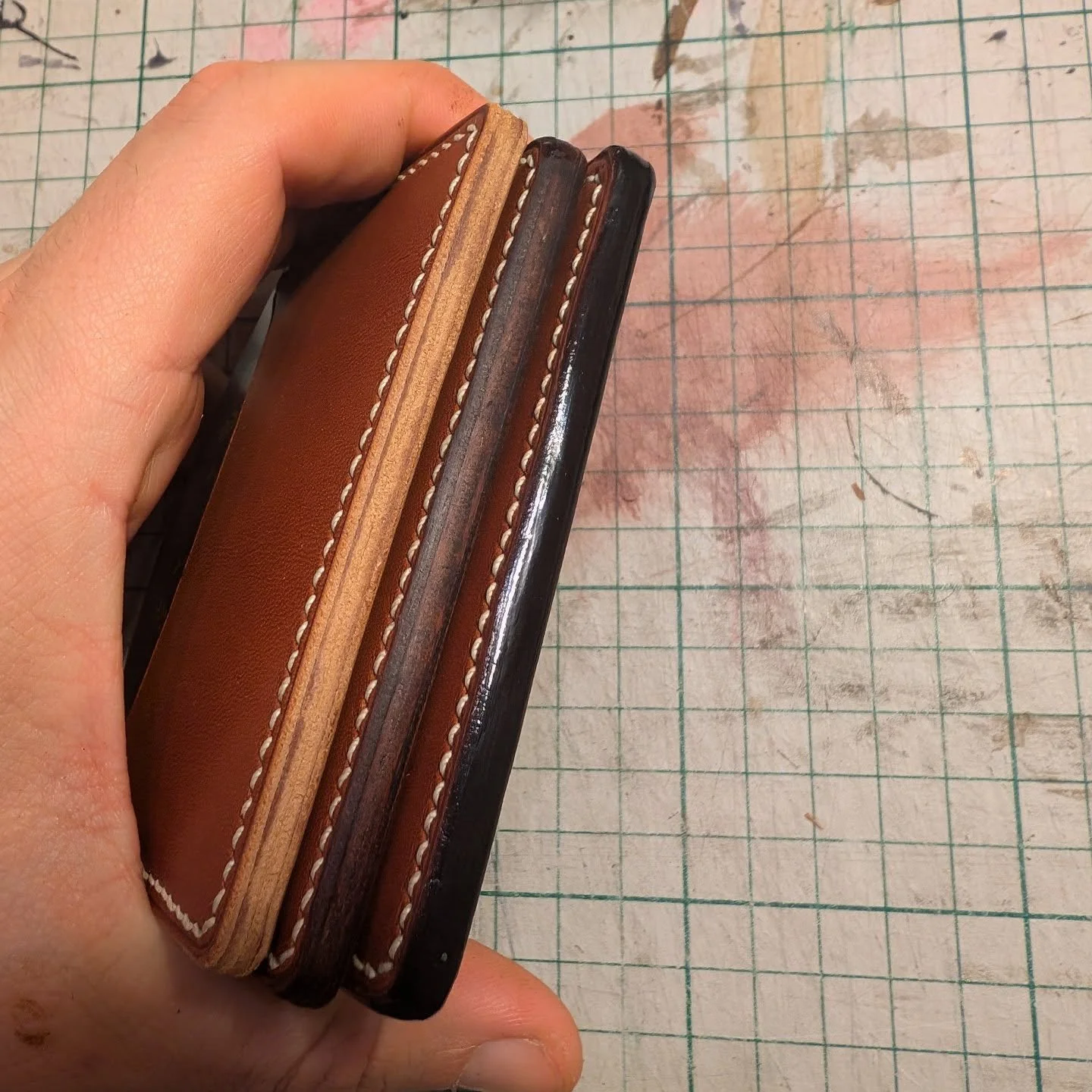 The stages of building a glossy edge

#leather #brown #edge #gloss #glossy #shine #shiny #handcrafted #handmade #handsewn #white #thread #quality