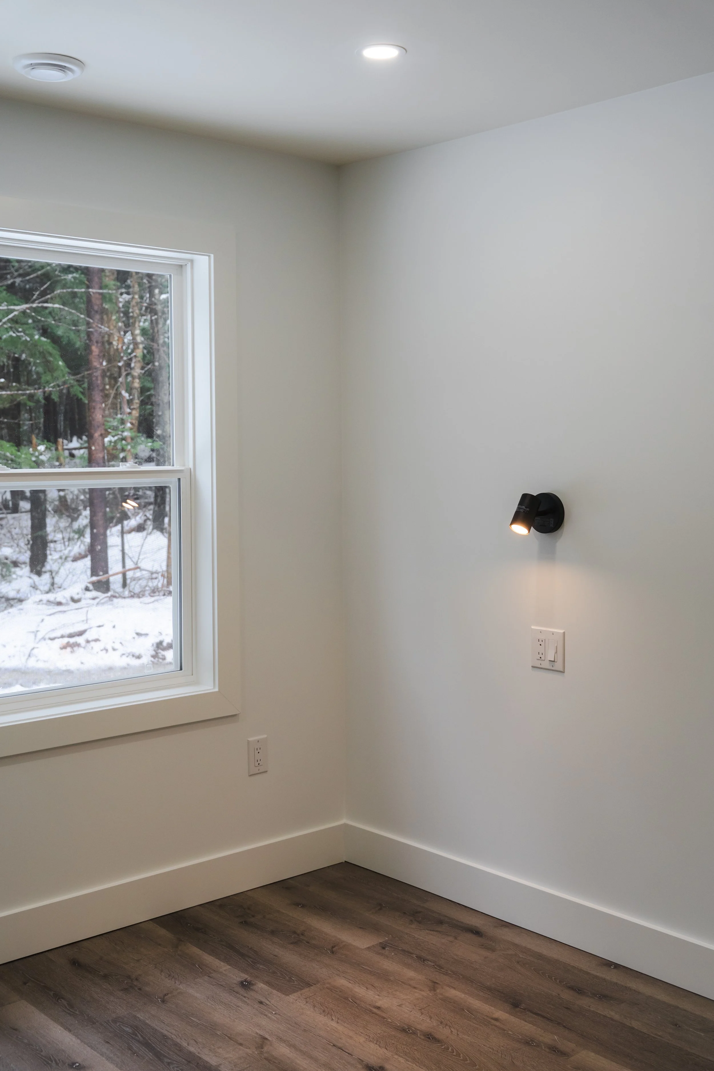 Blank room with a window showing a snowy forest outside, white walls, wood flooring, a black wall-mounted spotlight, and electrical outlets.
