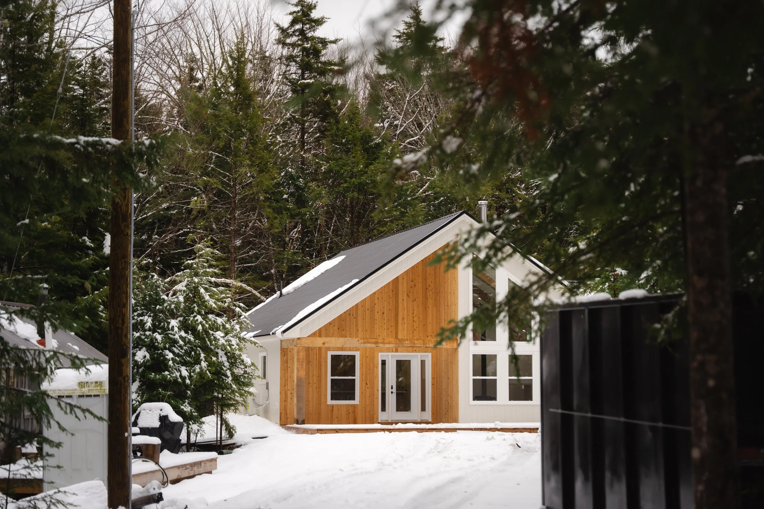 A modern house with a wooden exterior, white trim, and a sloped roof, surrounded by snow-covered trees and yard during winter.