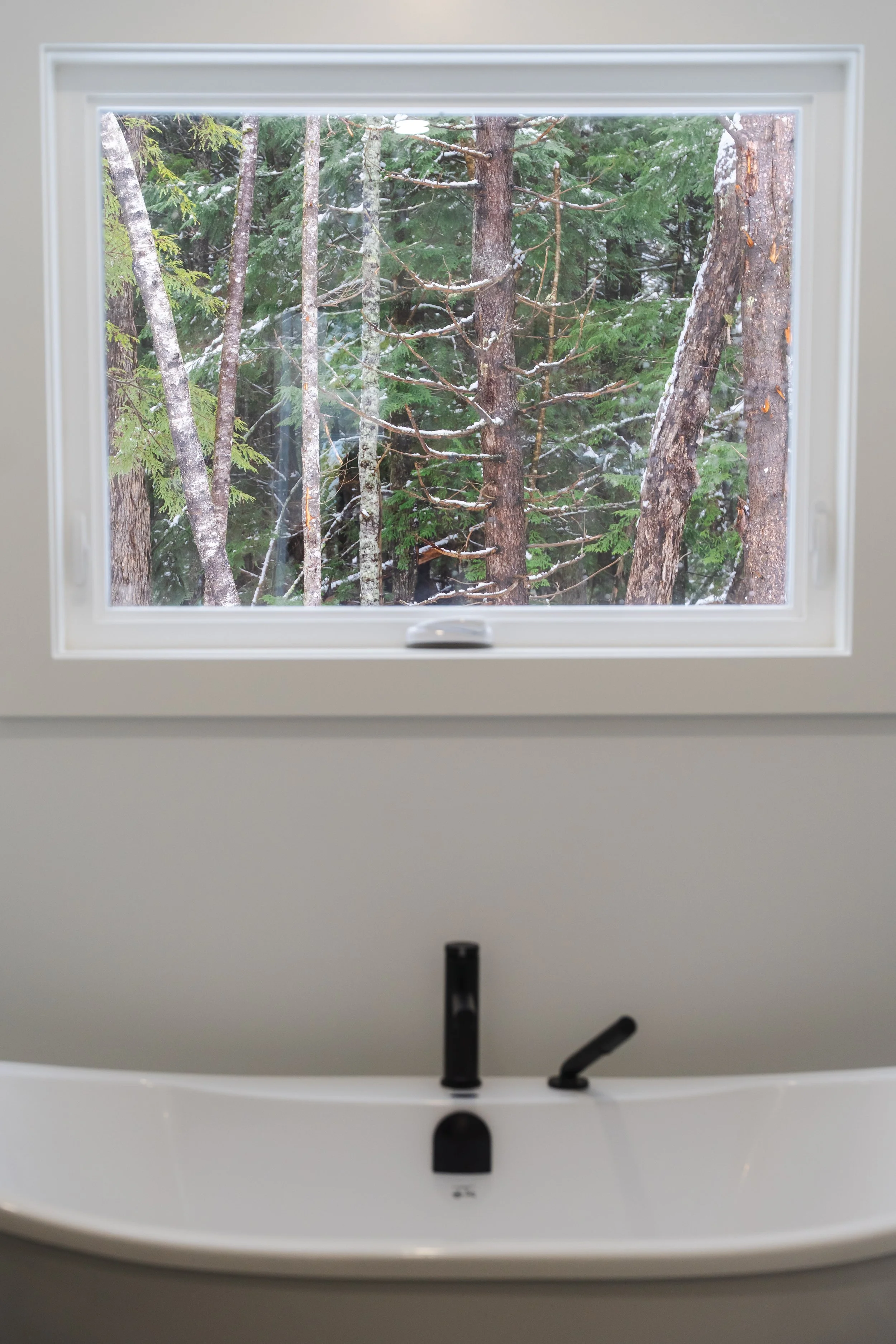 A bathroom with a white sink and black faucet, viewed through a window with a forest of trees outside.