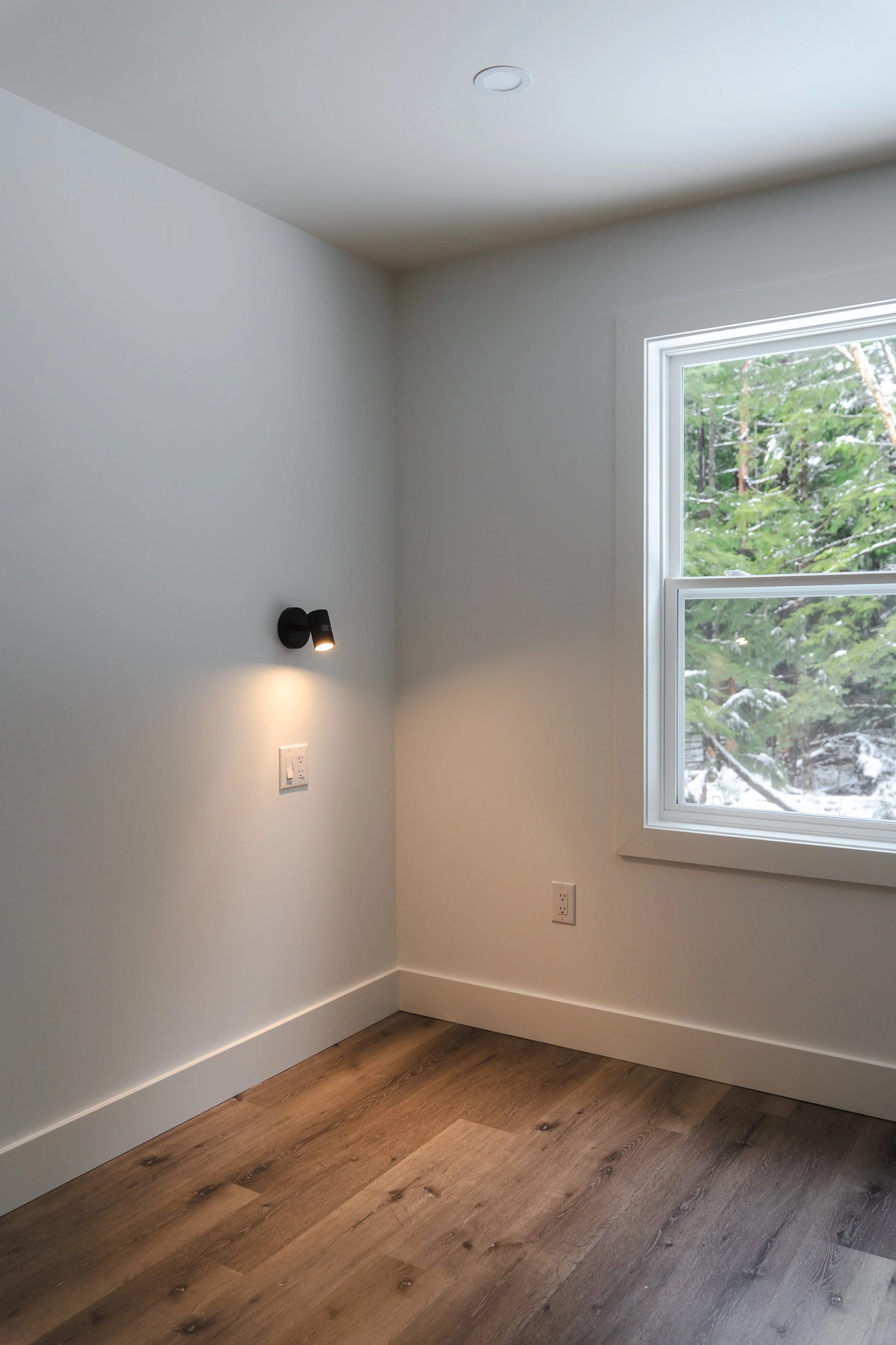 Empty room with white walls, wood flooring, a window showing green trees outside, a small wall-mounted light, and electrical outlets.
