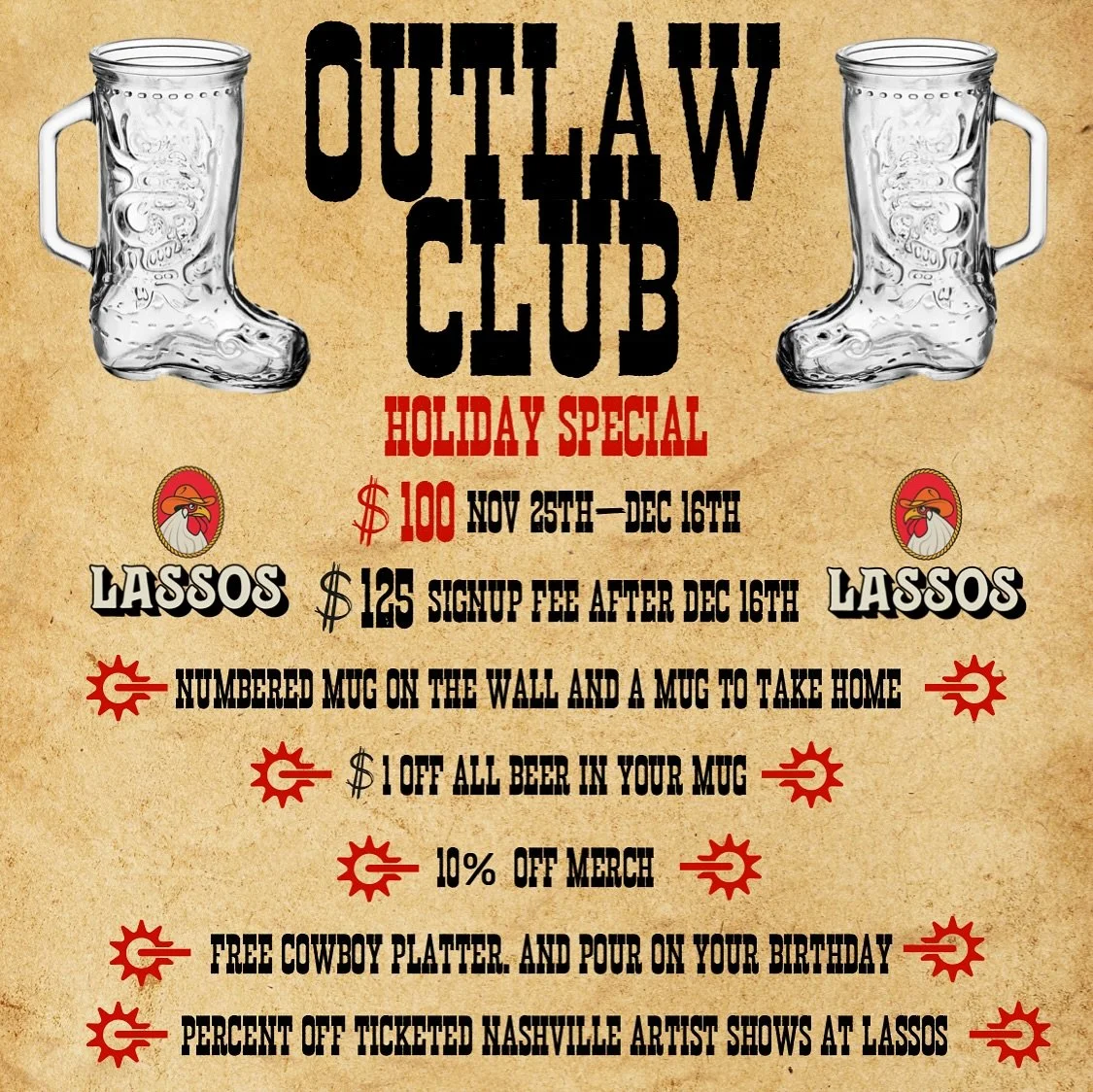 🚨Join the Outlaw Club this holiday season!! 🚨

Sign up for only $100 before December 16th &amp; enjoy exclusive perks: $1 off beer, 10% off merch, a cowboy platter on your birthday, and more! 🍺🤠

Join today on our website at lassoschickenbbq.com 