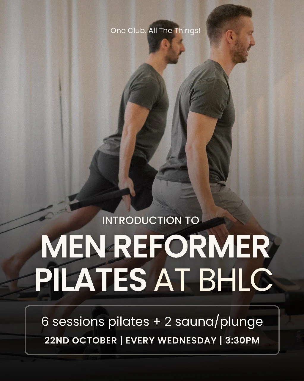 Stronger. Smarter. Sharper.
Introducing Men&rsquo;s Reformer Pilates at BHLC &mdash; designed to build mobility, balance, and core strength.
Includes 6 reformer sessions + 2 sauna/plunge sessions for recovery.
🗓 Starts Oct 22 | Every Wednesday | 3:3
