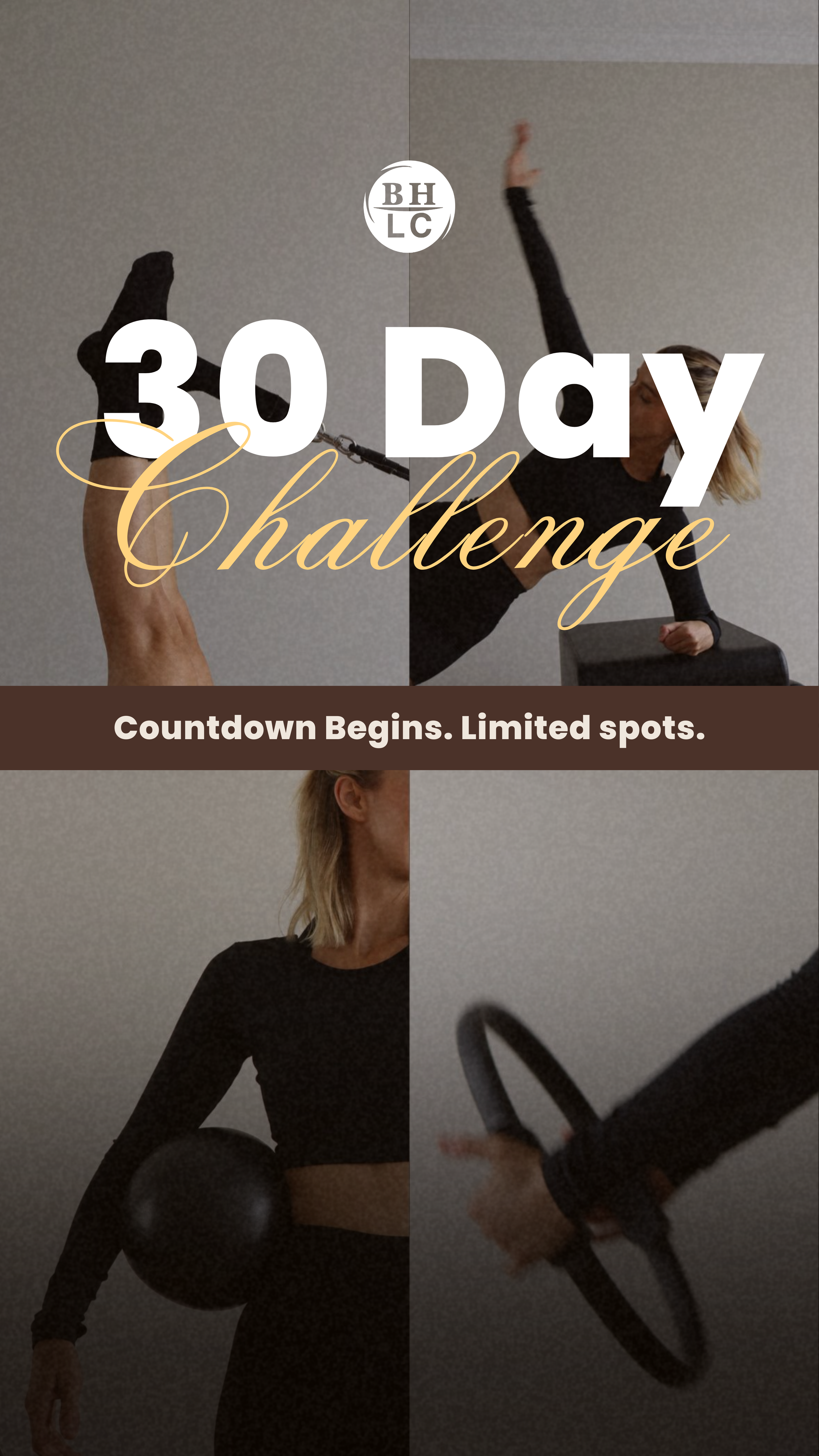 BHLC Poster for a 30-day wellness challenge featuring a woman exercising. The text reads '30 Day Challenge' and 'Countdown Begins. Limited spots.'