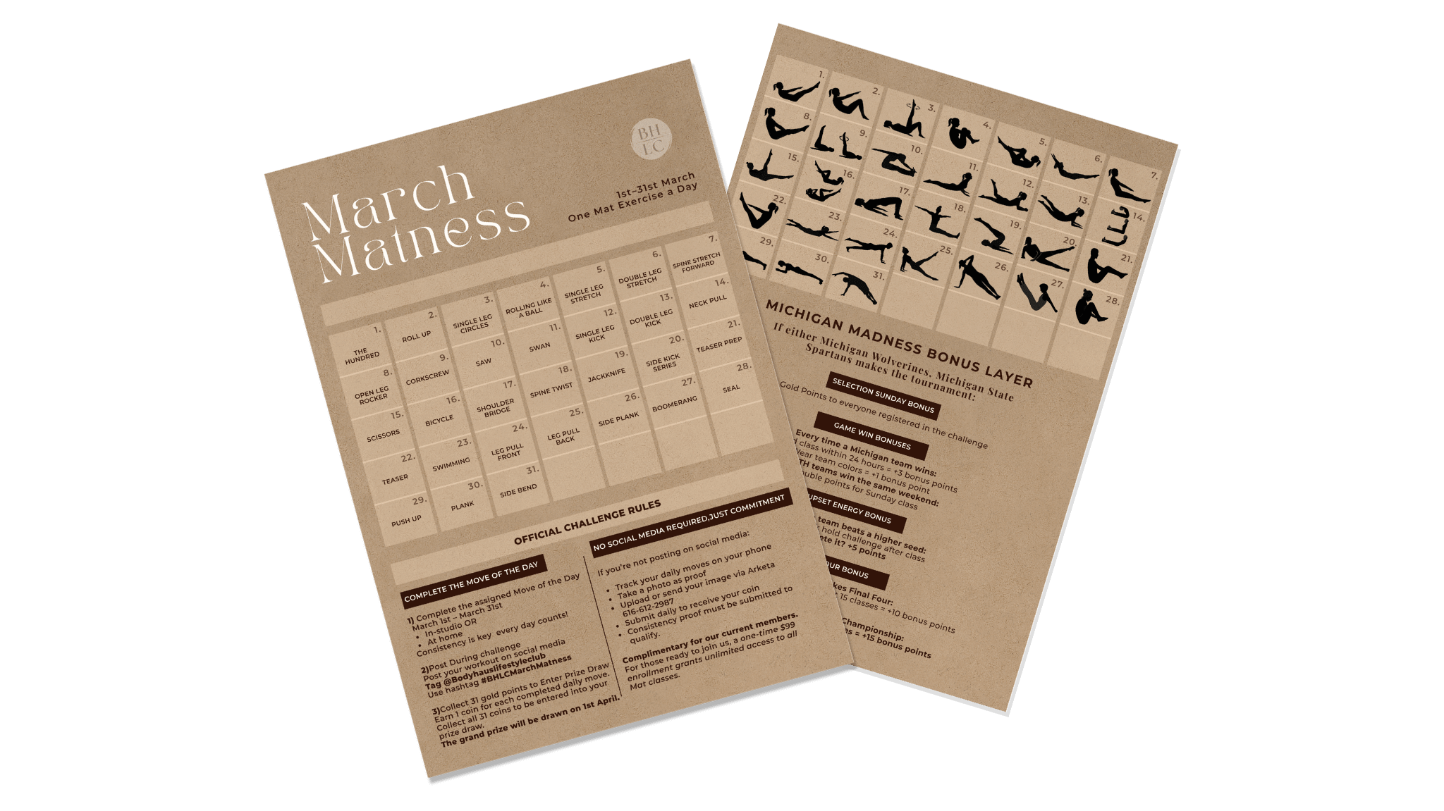 Flyers for a March fitness challenge, including a workout routine chart and a bonus layer with exercises, rules, and reward details.