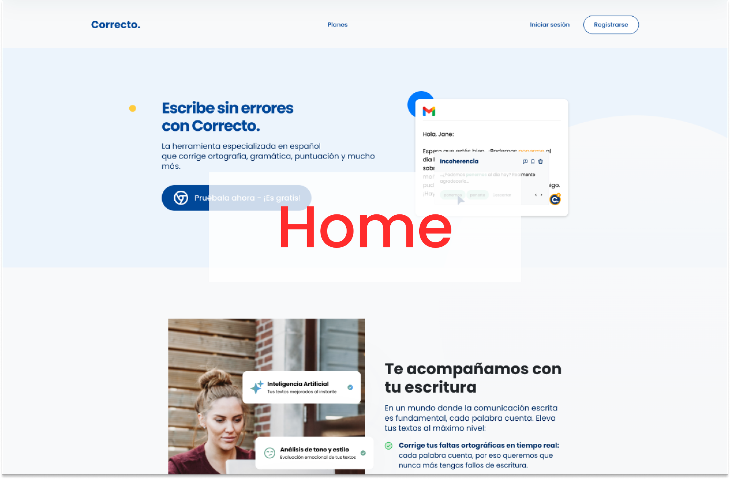 Home de Correcto (look and feel anterior) donde llegaban las personas usuarias tras interactuar con algunas de las publis en rrss.
