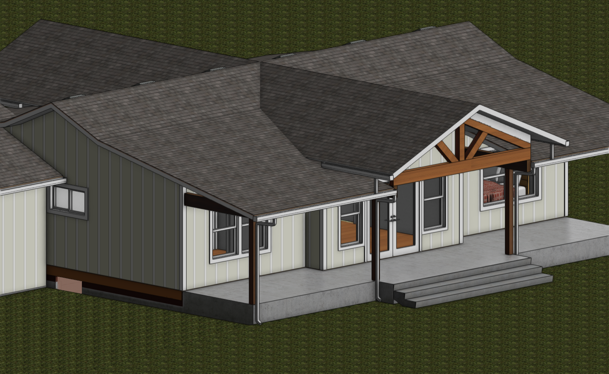 3D architectural rendering of a building's second floor plan, showing rooms, staircases, and outdoor areas.