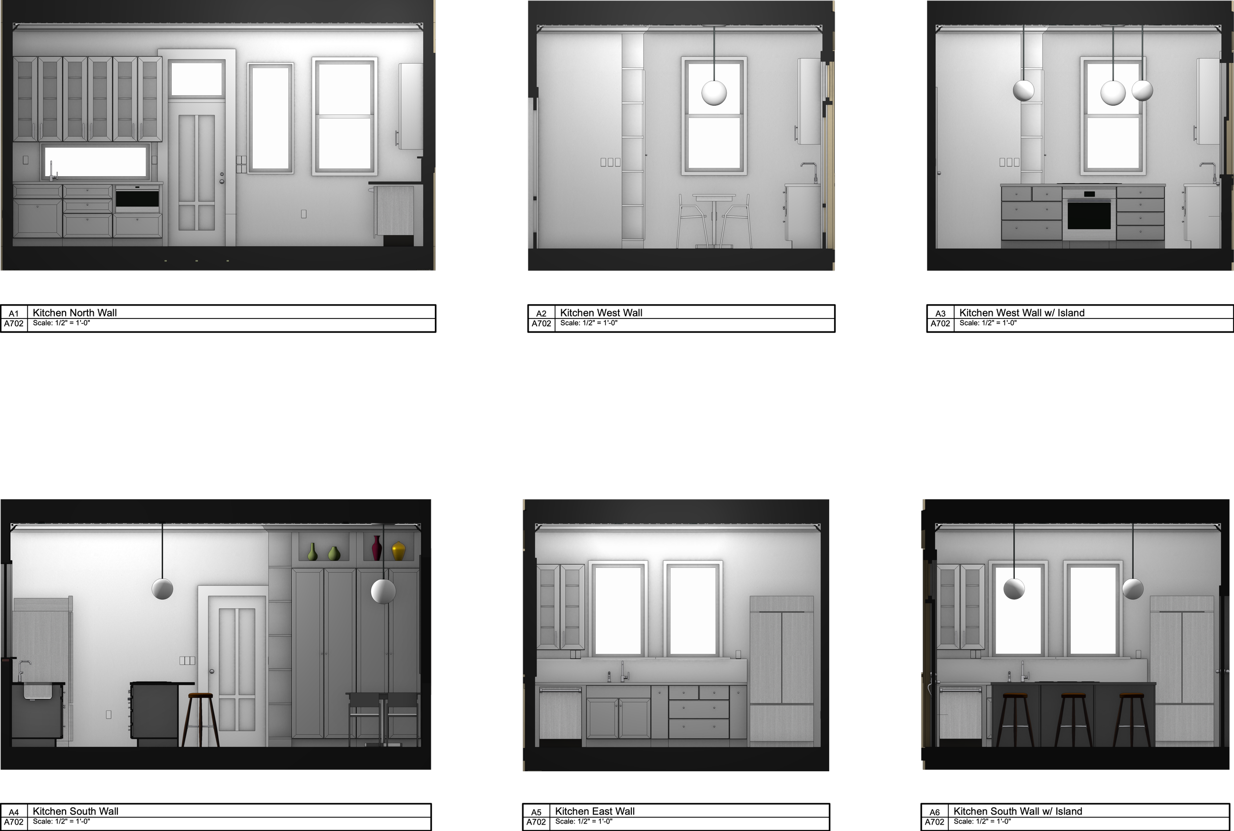 Architectural design blueprint of a kitchen, showing north, east, south, and west wall elevations with detailed measurements and annotations.