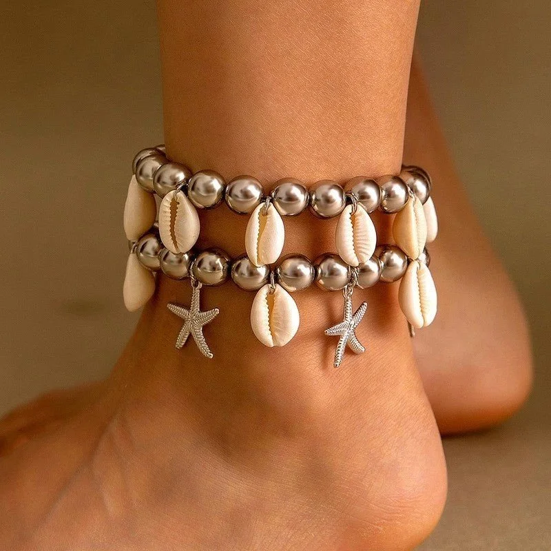 BOHO Silver Bead Sea & Star Anklet