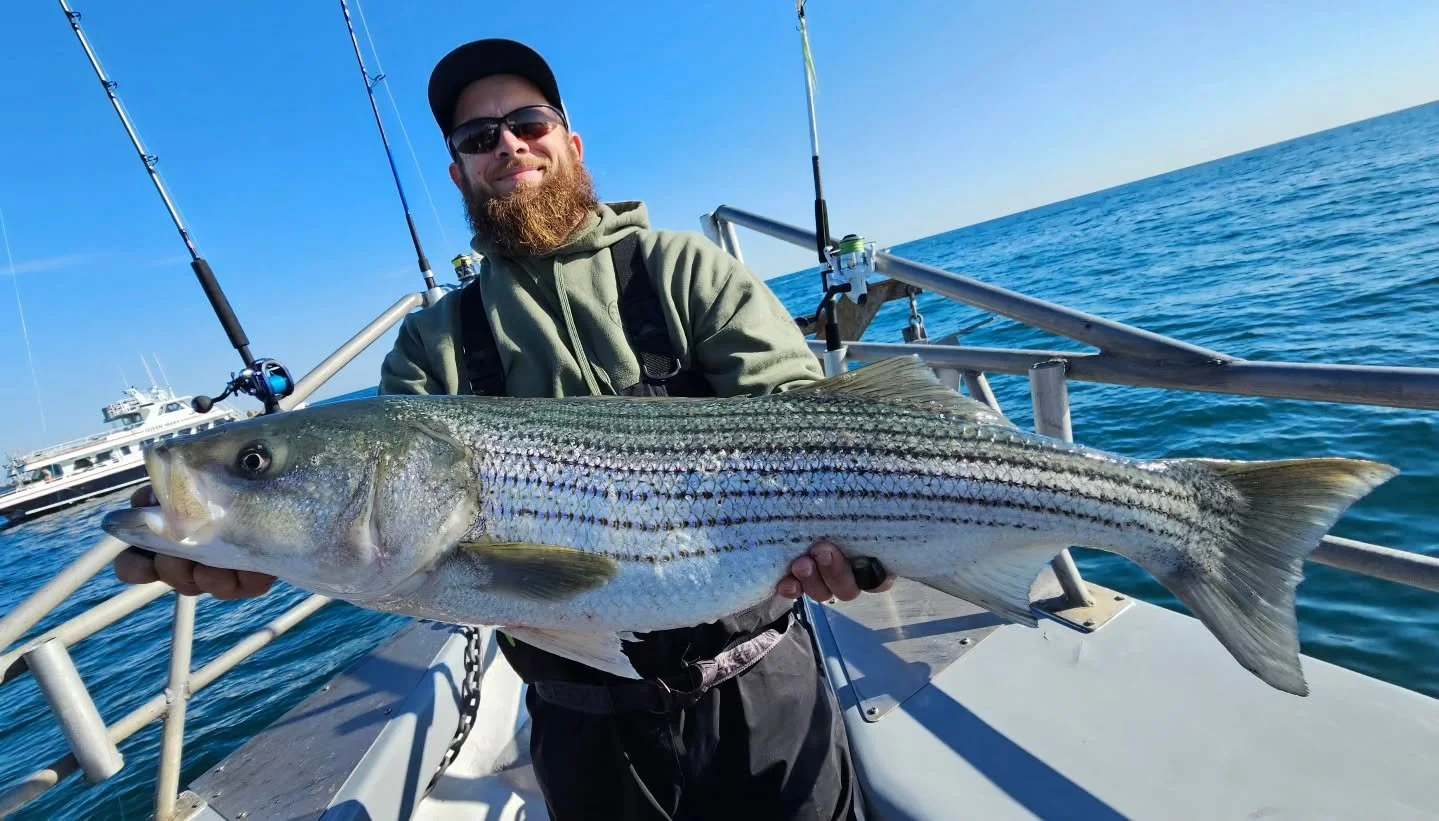 Diamond Jigging madness!!!
Between the 10/10 weather and the fantastic fishing it was definitely the best day of the fall so far. Made our way out to find miles upon miles of fish gorging themselves on sandeels. Readings 40' thick at times with multi