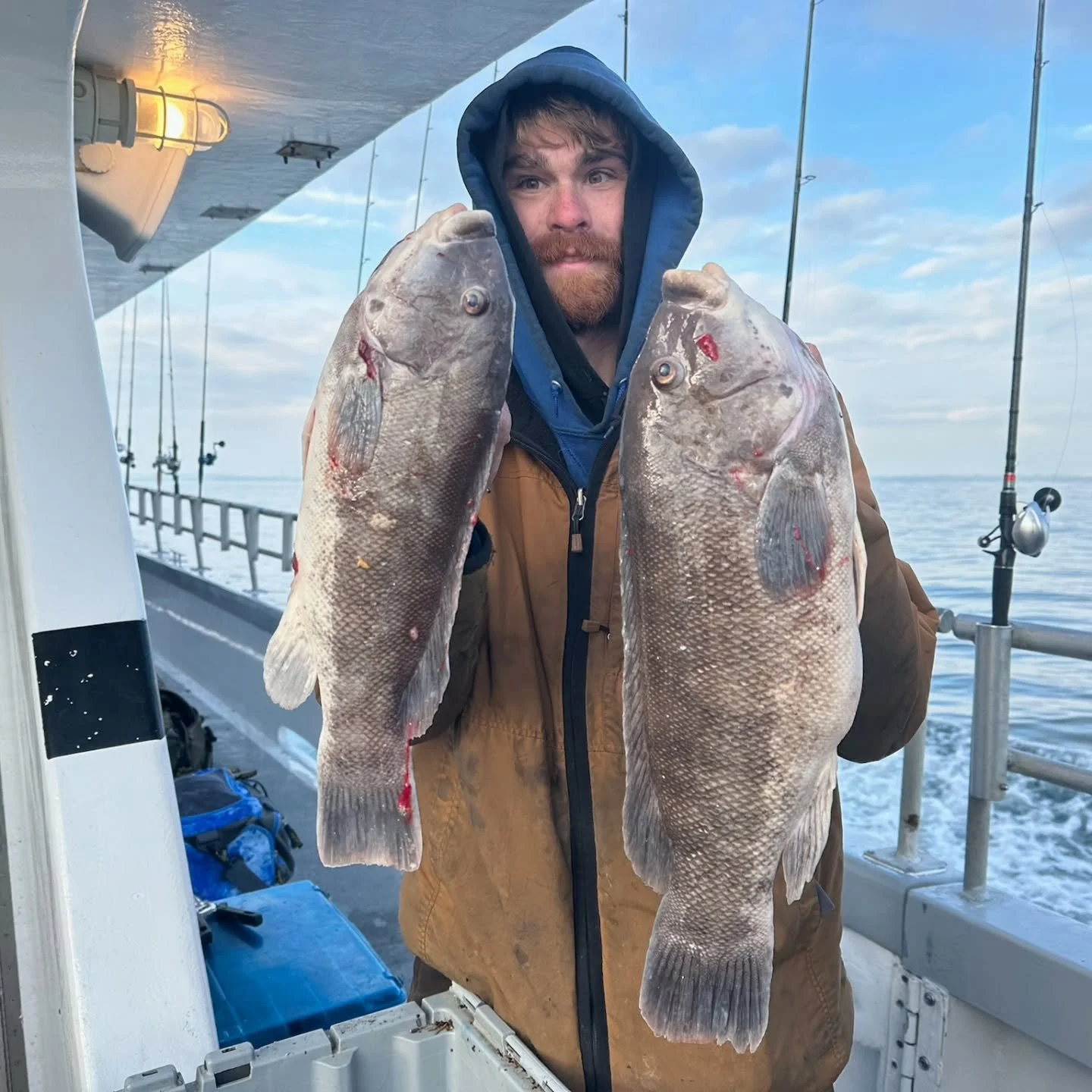 Drop dead gorgeous day on the blackfish grounds today with a sold out crowd. Actually too nice, with not much to keep us tight on the anchors. First drop had some short life and some keepers but not enough to make us stay. Headed deeper and found som