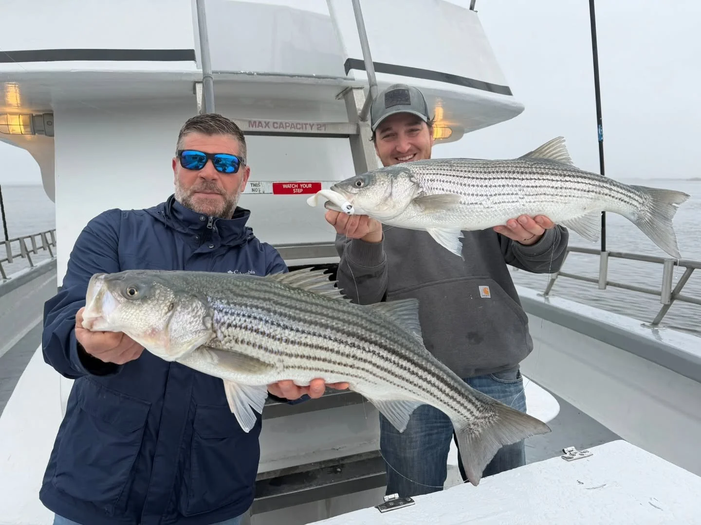 STRIPER TIME!!! Wow!!! Got a call of some fish that showed up this morning so decided to take a quick ride and WOW! Within minutes of leaving the dock we had stacks of fish under the boat and fish blowing bunkers out of the water all around us. And m