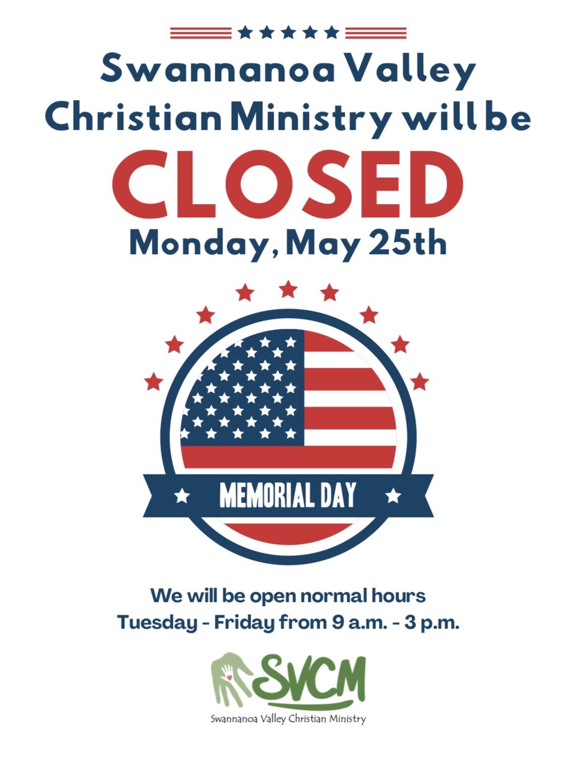 SVCM CLOSED for Memorial Day
