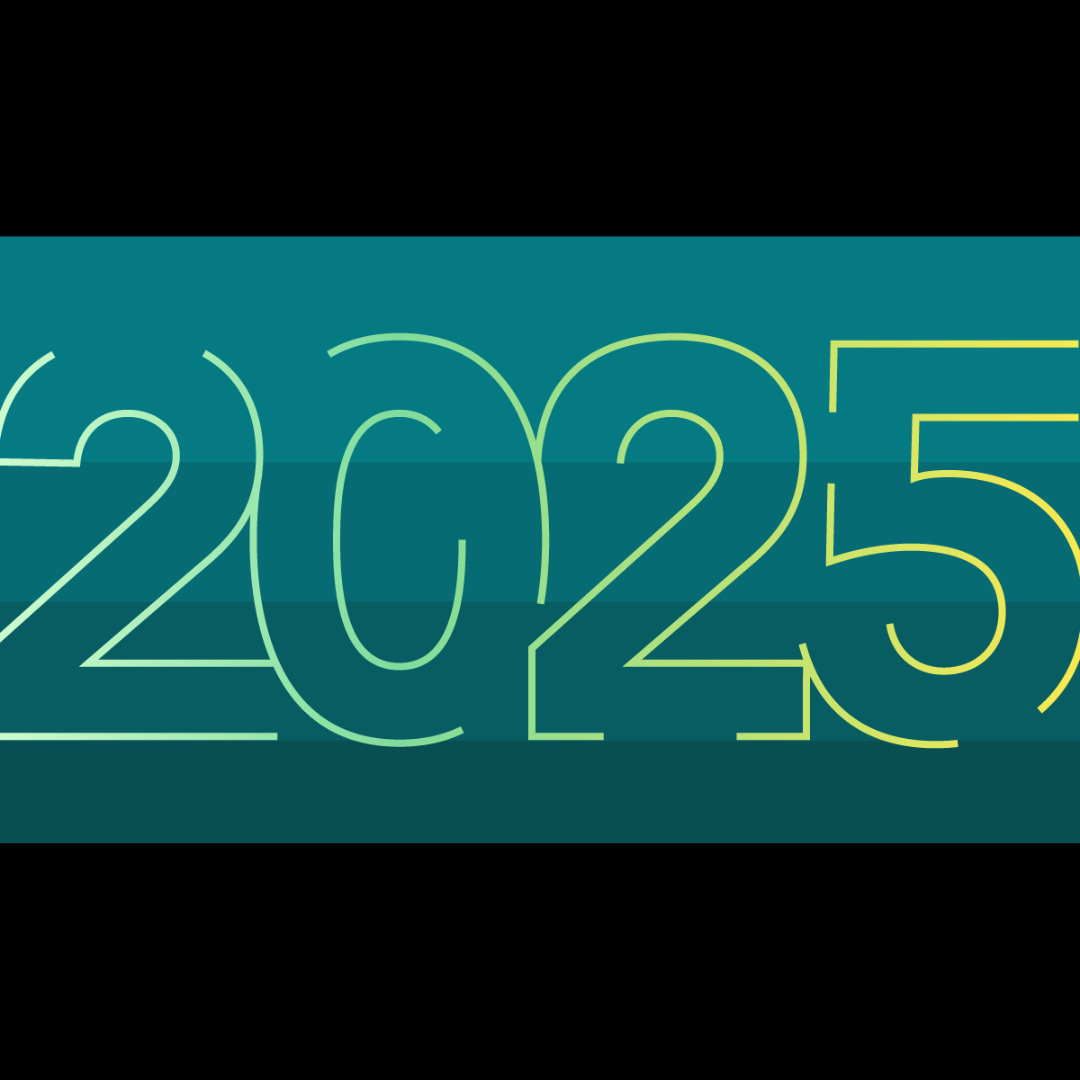 Digital graphic displaying the year 2025 in large, neon-style outline numbers on a teal background.