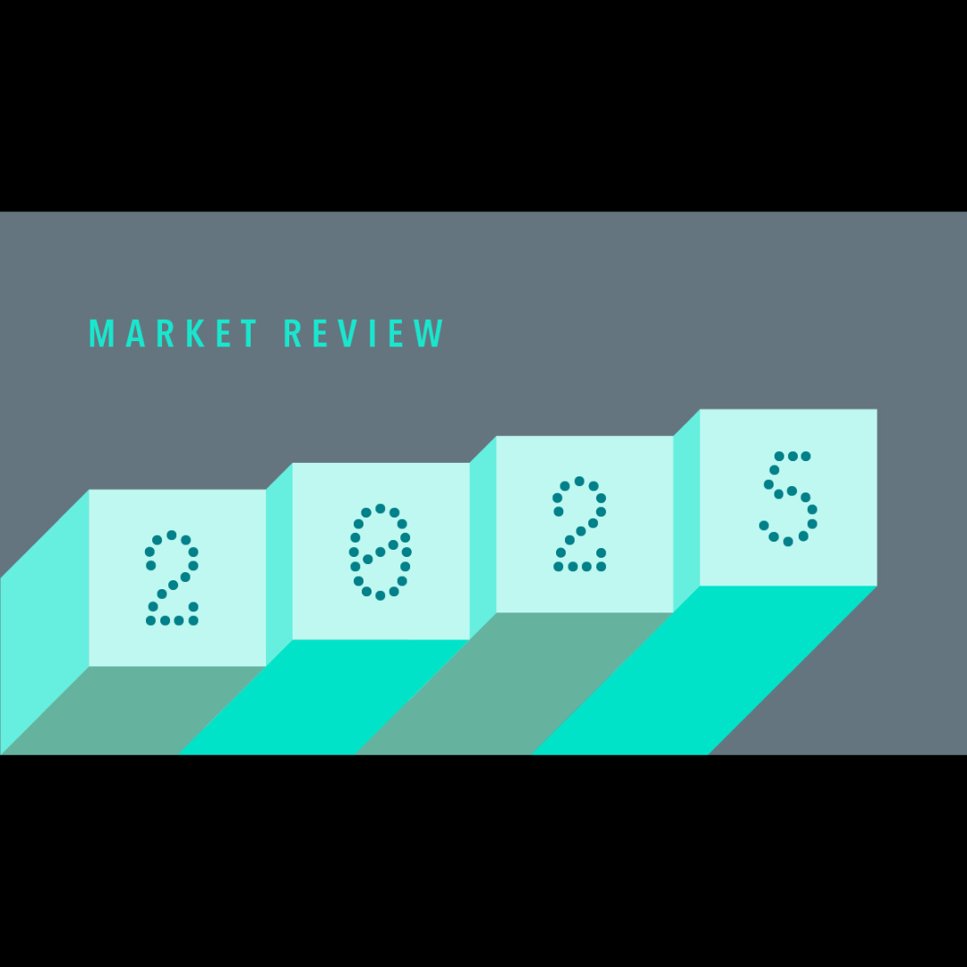 Graphic with blocks displaying the year 2023 and the text 'Market Review' in teal on a gray background.