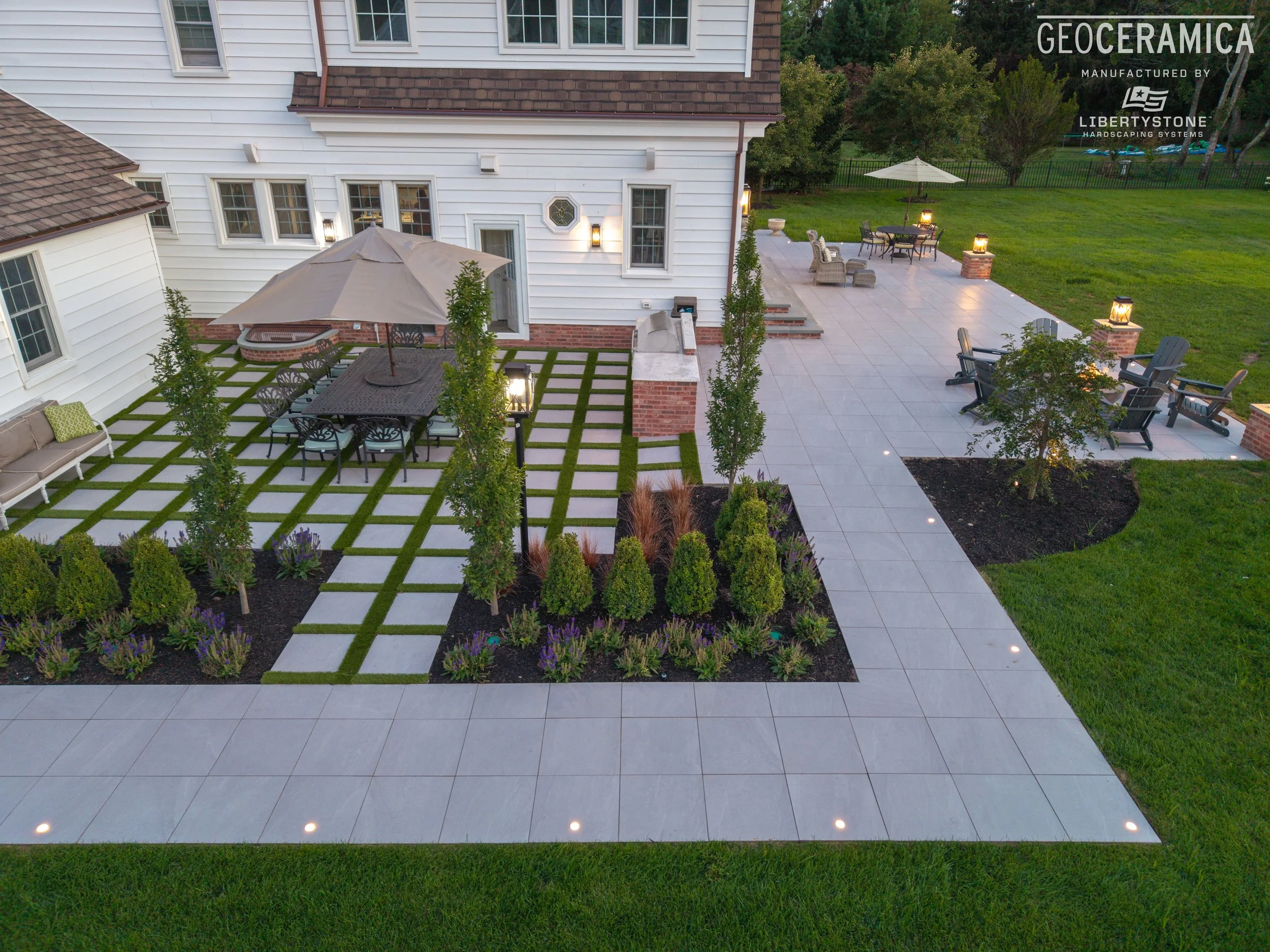 image of a wrap around patio at dusk.