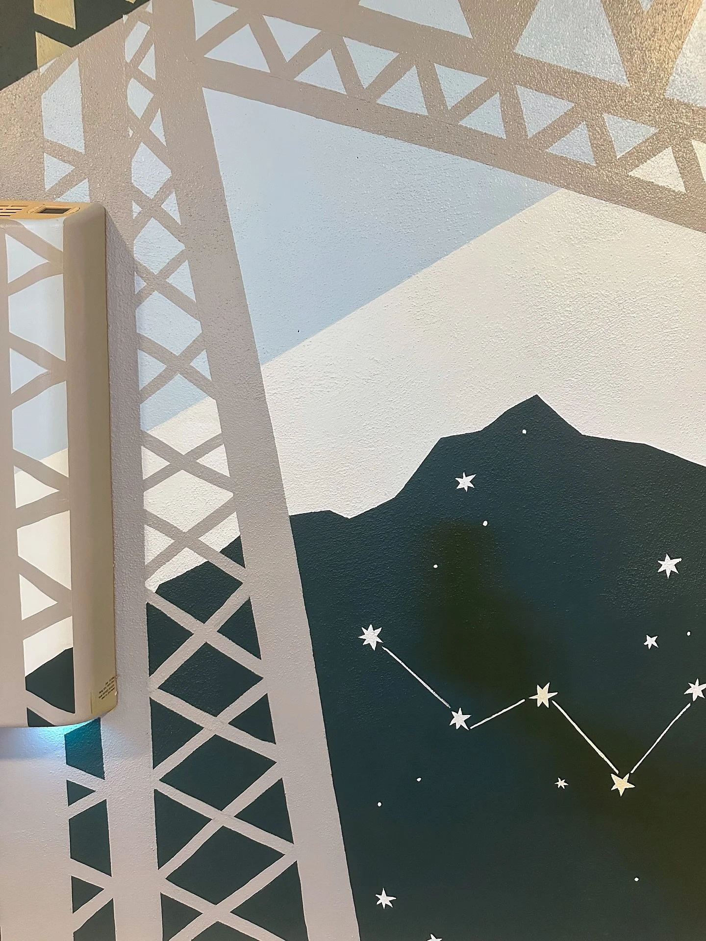 I love love love it when I get to weave personal stories into murals! These close ups show some highlights from the sweetest couple&rsquo;s love story, with nods to the cities they&rsquo;ve lived in, their family dog and a constellation for each of t