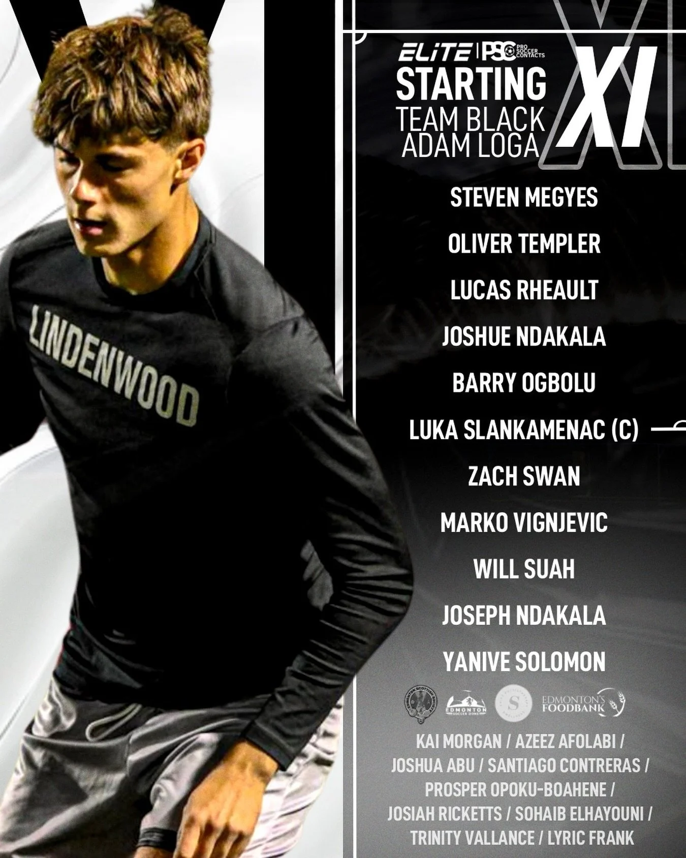 STARTING XI ANNOUNCEMENT: TEAM BLACK ⚫️
Head Coach: Adam Loga

STARTING XI &ndash; TEAM BLACK:

Steven Megyes
Oliver Templer
Lucas Rheault
Joshua Ndakala
Barry Ogbolu
Luka Slankamenac (CAPTAIN)
Zach Swan
Marko Vignjevic
Will Suah
Joseph Ndakala
Yaniv