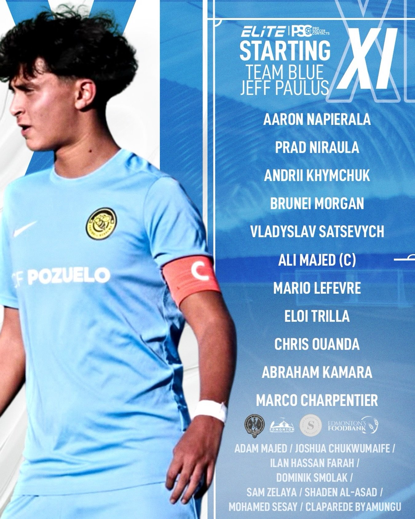 STARTING XI ANNOUNCEMENT: TEAM BLUE 🔵
Head Coach: Jeff Paulus

STARTING XI &ndash; TEAM BLUE:

Aaron Napierala
Prad Niraula
Andrii Khymchuk
Brunei Morgan
Vladyslav Satsevych
Ali Majed (CAPTAIN)
Mario Lefevre
Eloi Trilla
Chris Ouanda
Abraham Kamara
M
