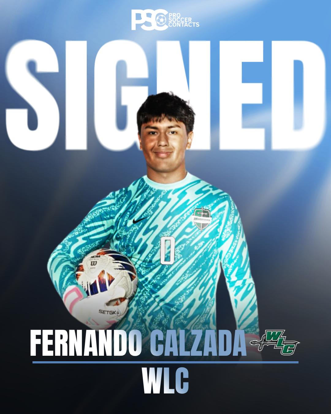 A young male soccer player wearing a teal and white goalkeeper jersey holding a soccer ball, with a background that says 'SIGNED' at the top. The text below the player says 'FERNANDO CALZADA' and 'WLC.'