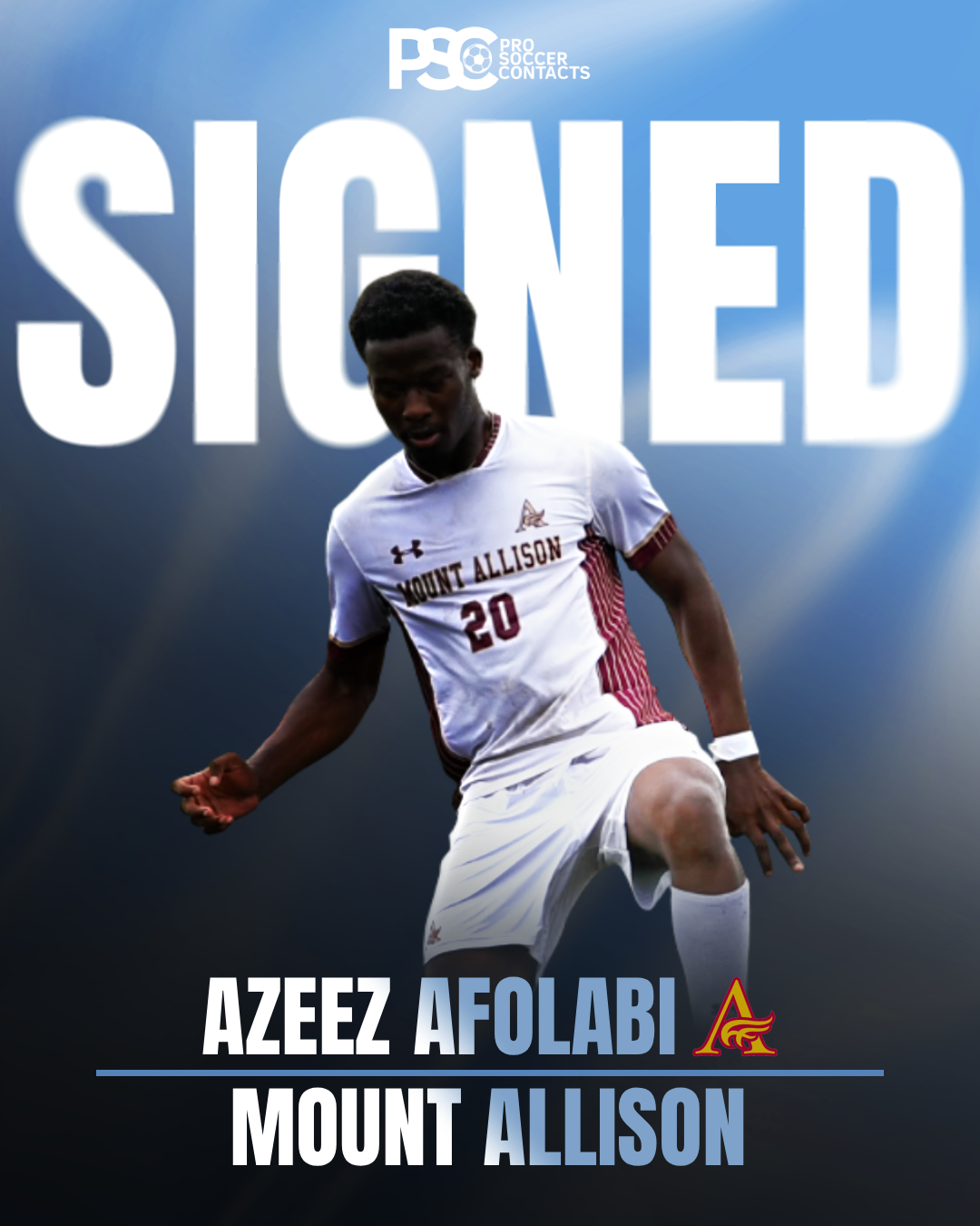 A soccer player from Mount Allison with jersey number 20, signing a contract or agreement in front of a large 'SIGNED' text and PRO SOCCER CONTACTS logo.