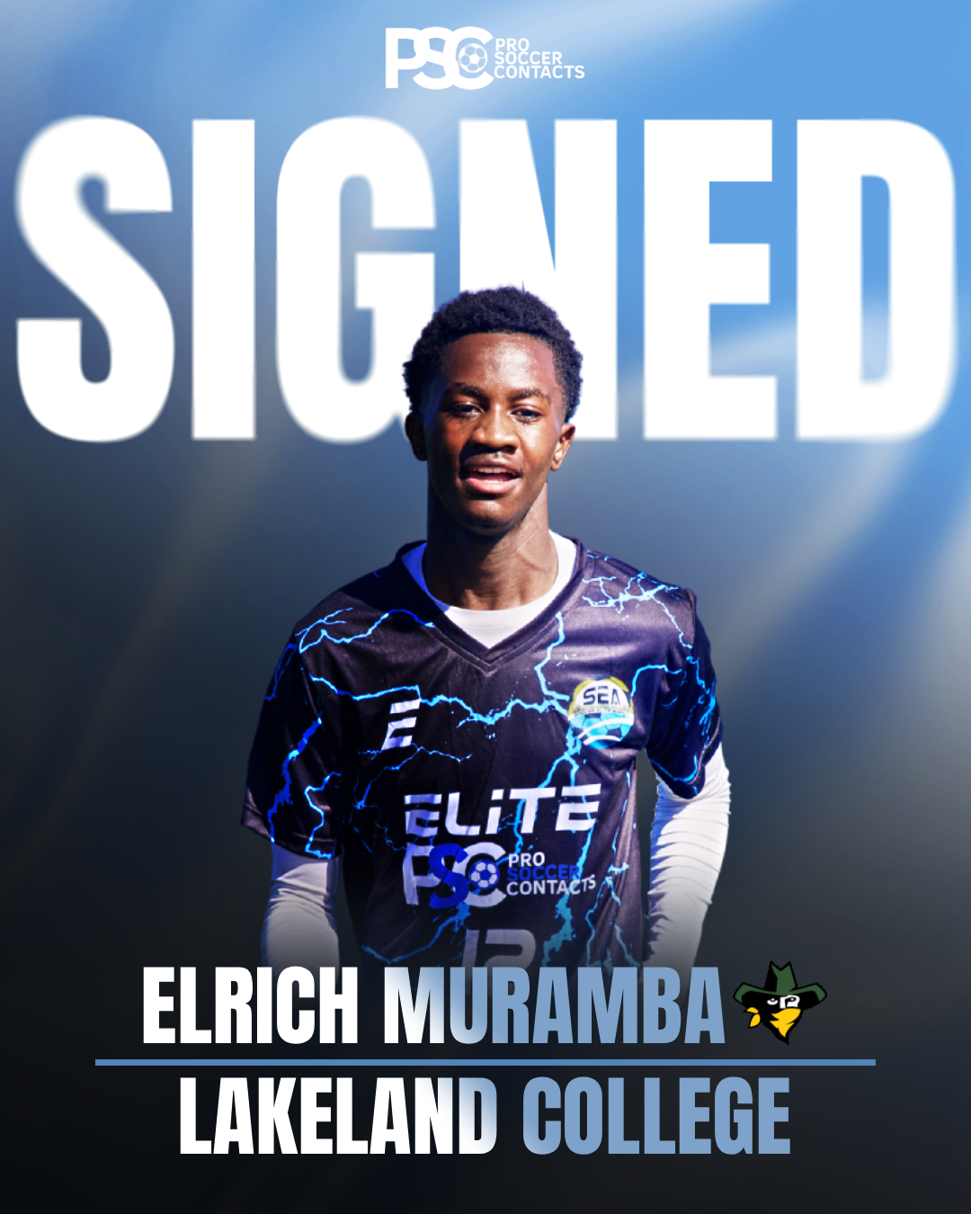 A young man in a sports jersey standing in front of a background with the word SIGNED and the logo 'Pro Soccer Contacts.' The jersey has a lightning bolt design, with the words 'Elite' and 'Pro Soccer Contacts' displayed on the front. His name, Elrich Muramba, and his college, Lakeland College, are shown at the bottom.