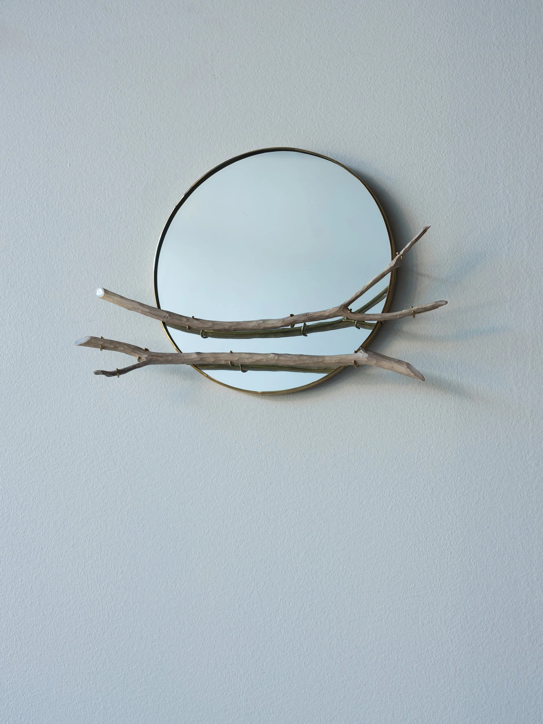 Windfall Mirror
Holly Bobisuthi
Glass mirror, storm felled branches, brass, mother of pearl, oil finish
9.5” x 12” x 2”
Edition of 3, unique works
WIP IV