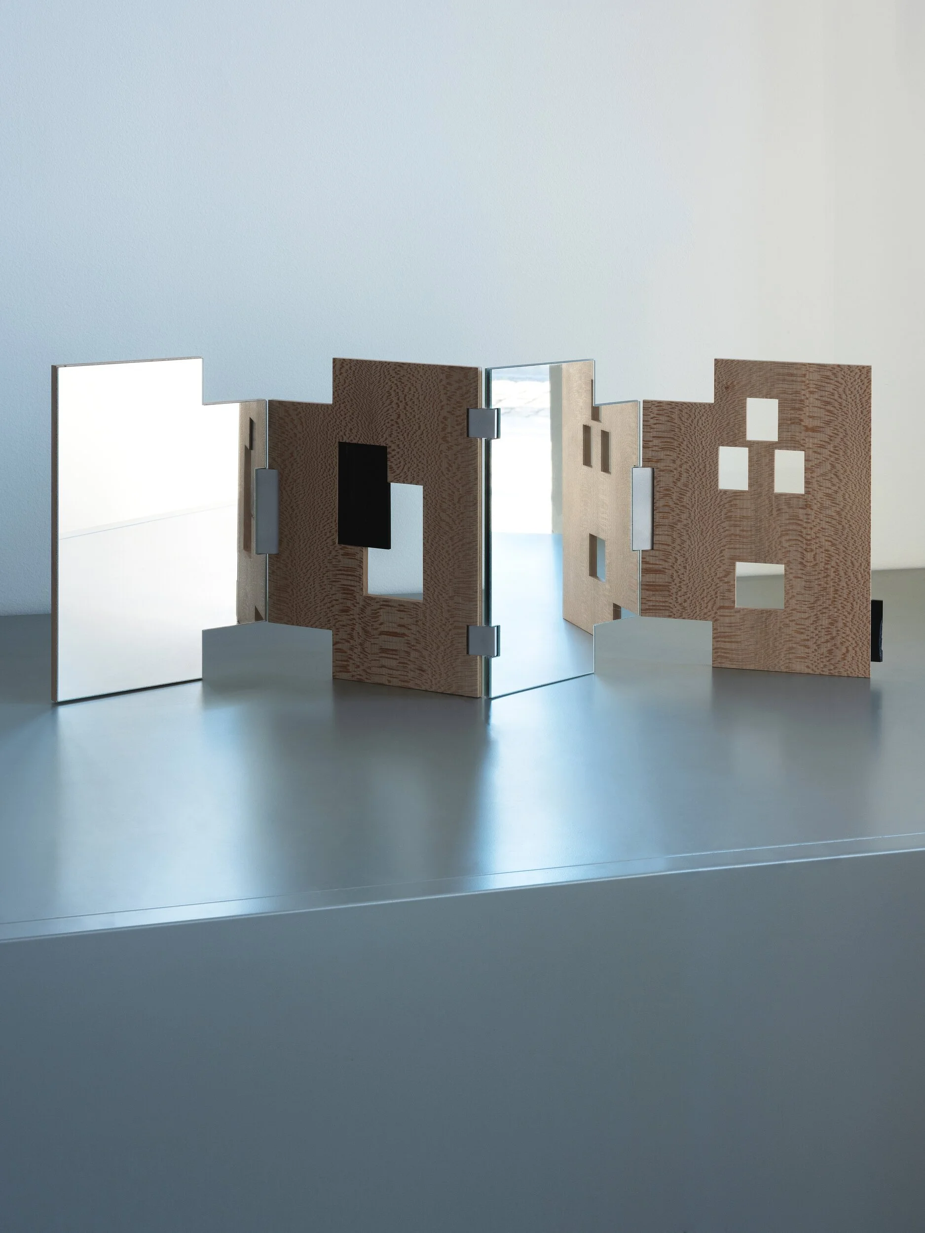 Prima Facie
Folding Mirror by Brooke Intrachat
Quarter sawn sycamore, ebony, glass mirror, plexiglass, aluminum, stainless steel
40.5” x 14” x 0.625”
Additional versions available