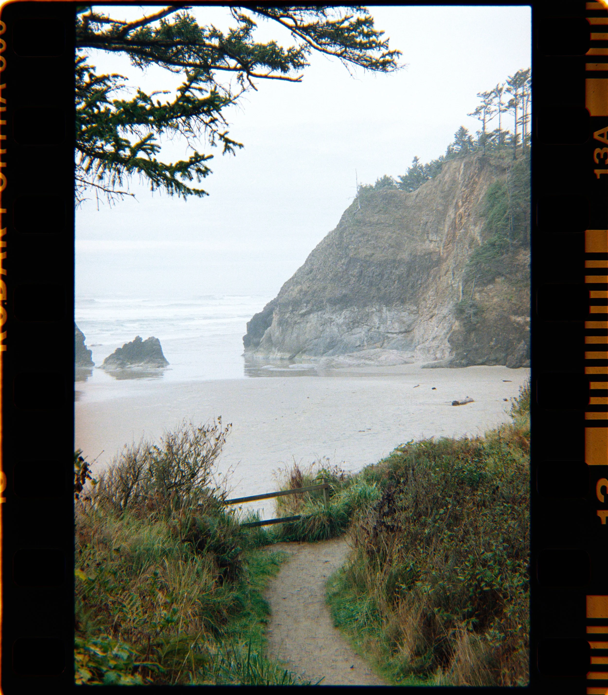 A 35mm film photo of the steps down to Arcadia Beach in Oregon on a cloudy day