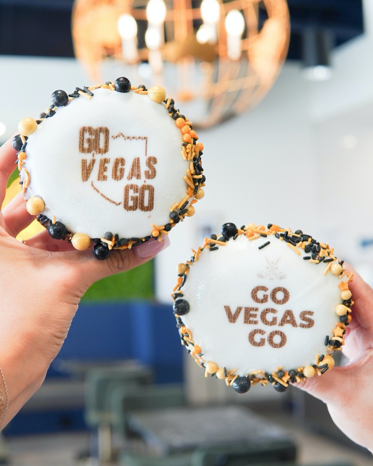 Vegas is back baby! 🤩 Celebrate every game day with our Golden Playoff Doughnut &amp; pizza to feed the whole crew 😎🏆

Our Golden Playoff doughnut is filled with exclusive golden caramel pastry cream. ✨ 
 
Limited quantities will be available ever
