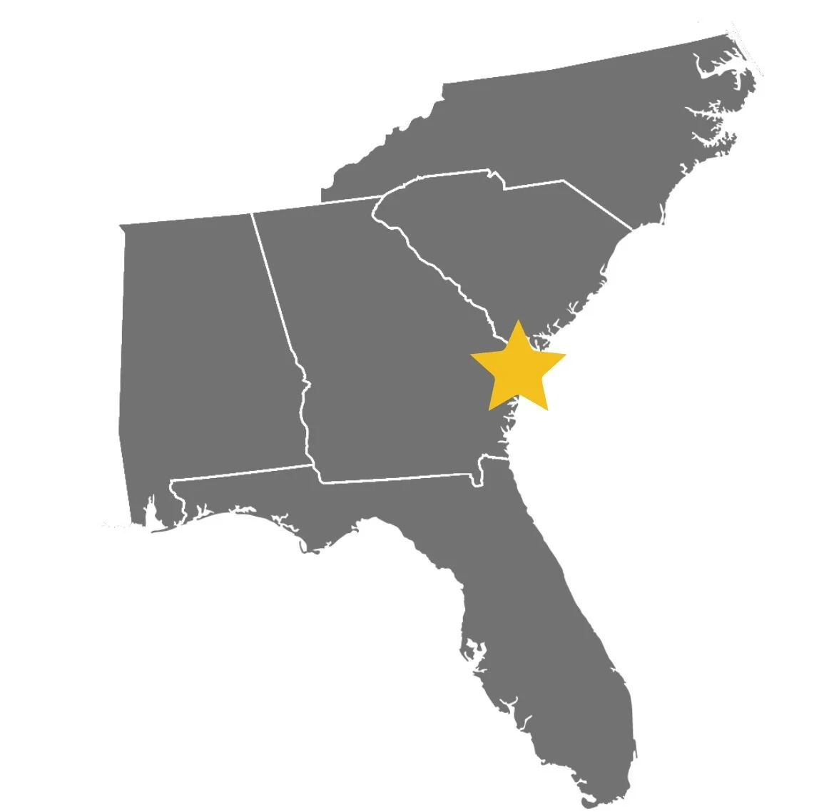 A textless map depicting Florida, Alabama, Georgia, South Carolina and North Carolina. The States are a muted flat grey with a white border showing the state lines and a gold star over the Savannah Georgia area
