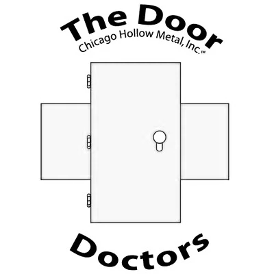 A floor plan of a room with a door that has three hinges on one side and a round doorknob. Above the plan, it says 'The Door' with 'Chicago Hollow Metal, Inc.' underneath. Below the plan, it says 'Doctors'.