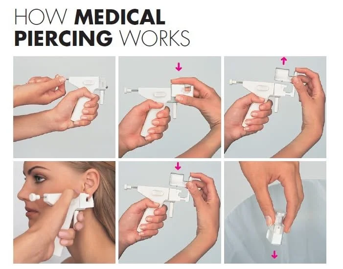 A step-by-step guide on how to use a medical piercing gun, showing six images demonstrating loading the needle, pulling the needle back, and applying the piercing to the ear.