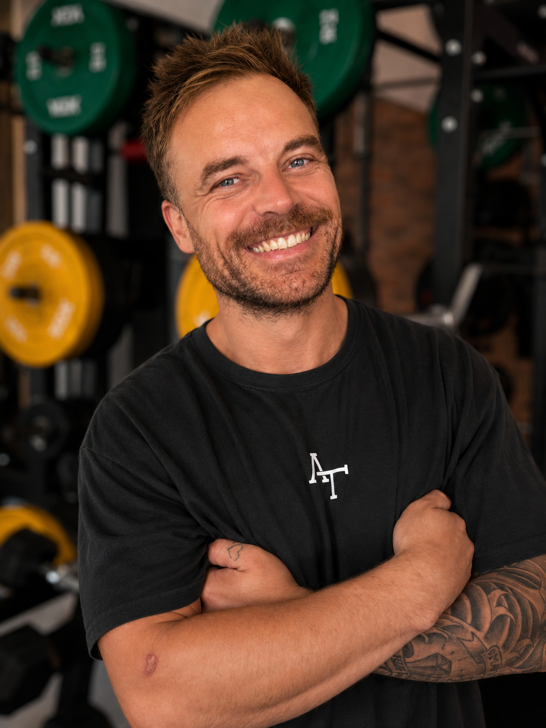 Ein lachender Mann mit Tattoos auf dem linken Arm, trägt ein beige T-Shirt, steht in einem Fitnessstudio vor Gewichten.