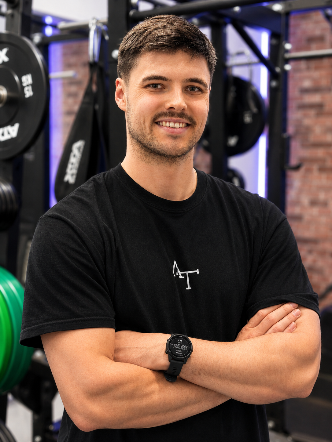 Ein junger Mann steht mit verschränkten Armen im Fitnessstudio vor einem schwarzen Kraftgerüst, trägt ein weißes T-Shirt und eine Armbanduhr, umgeben von Sportgeräten und einer Ziegelwand.