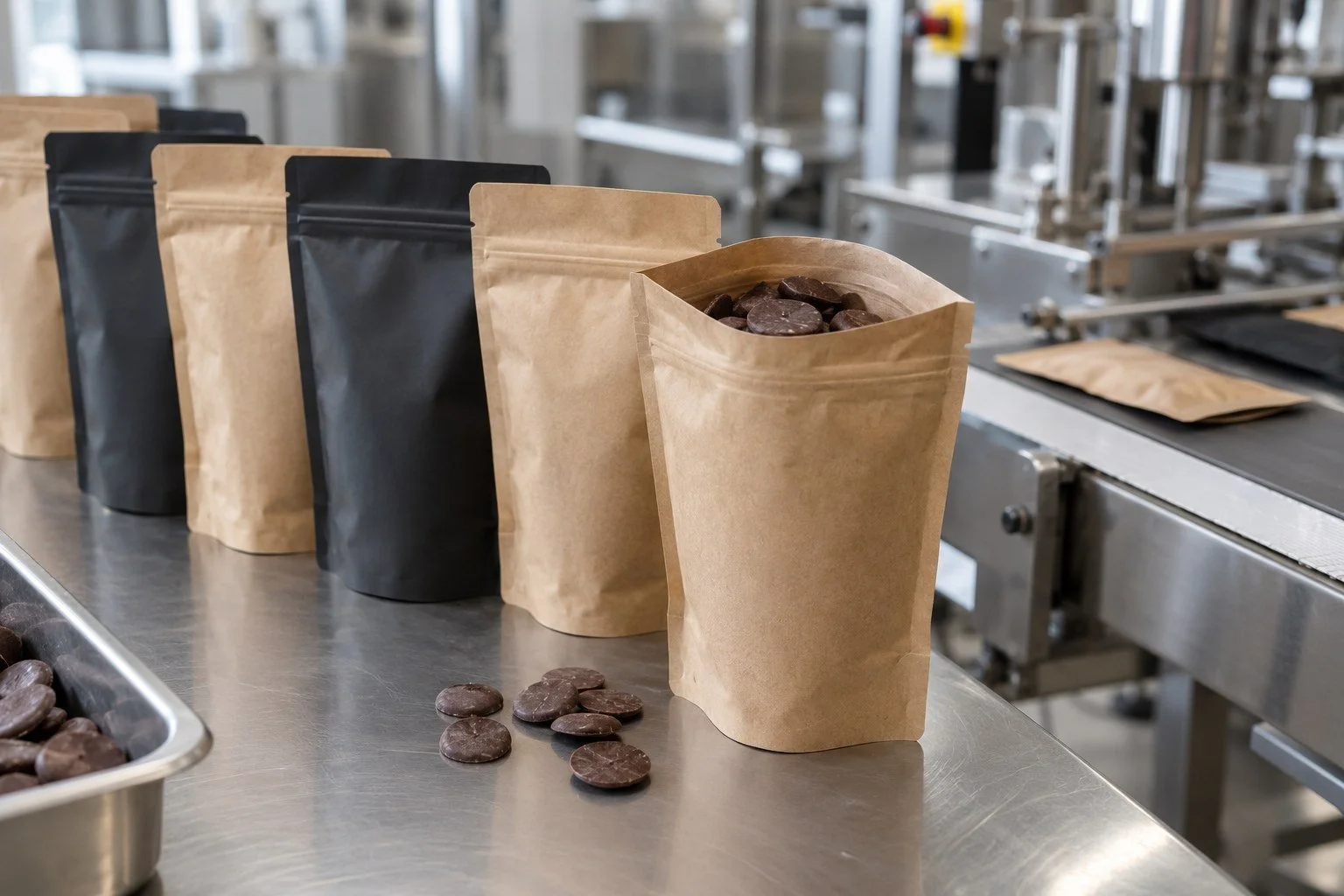 Stand-up pouches filled with chocolate discs on a steel worktable