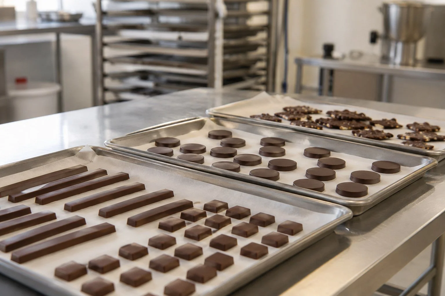 Trays of chocolate bars, squares, discs and bark cooling on a steel worktable