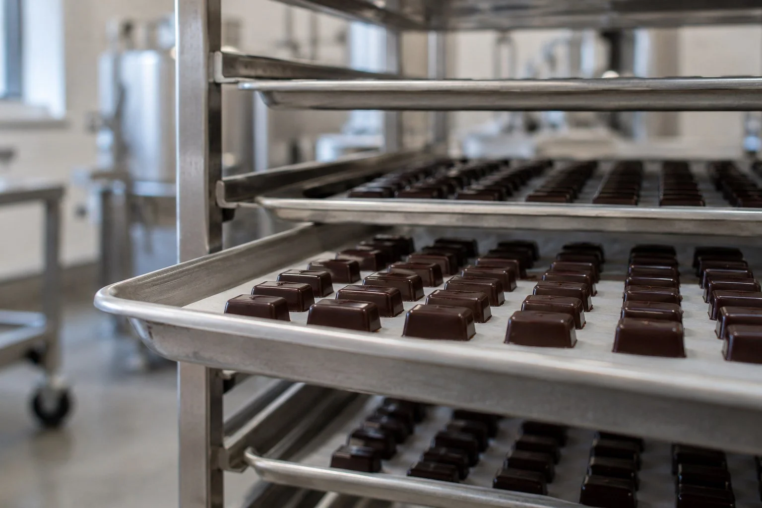 Chocolate pieces cooling on trays in a rolling rack